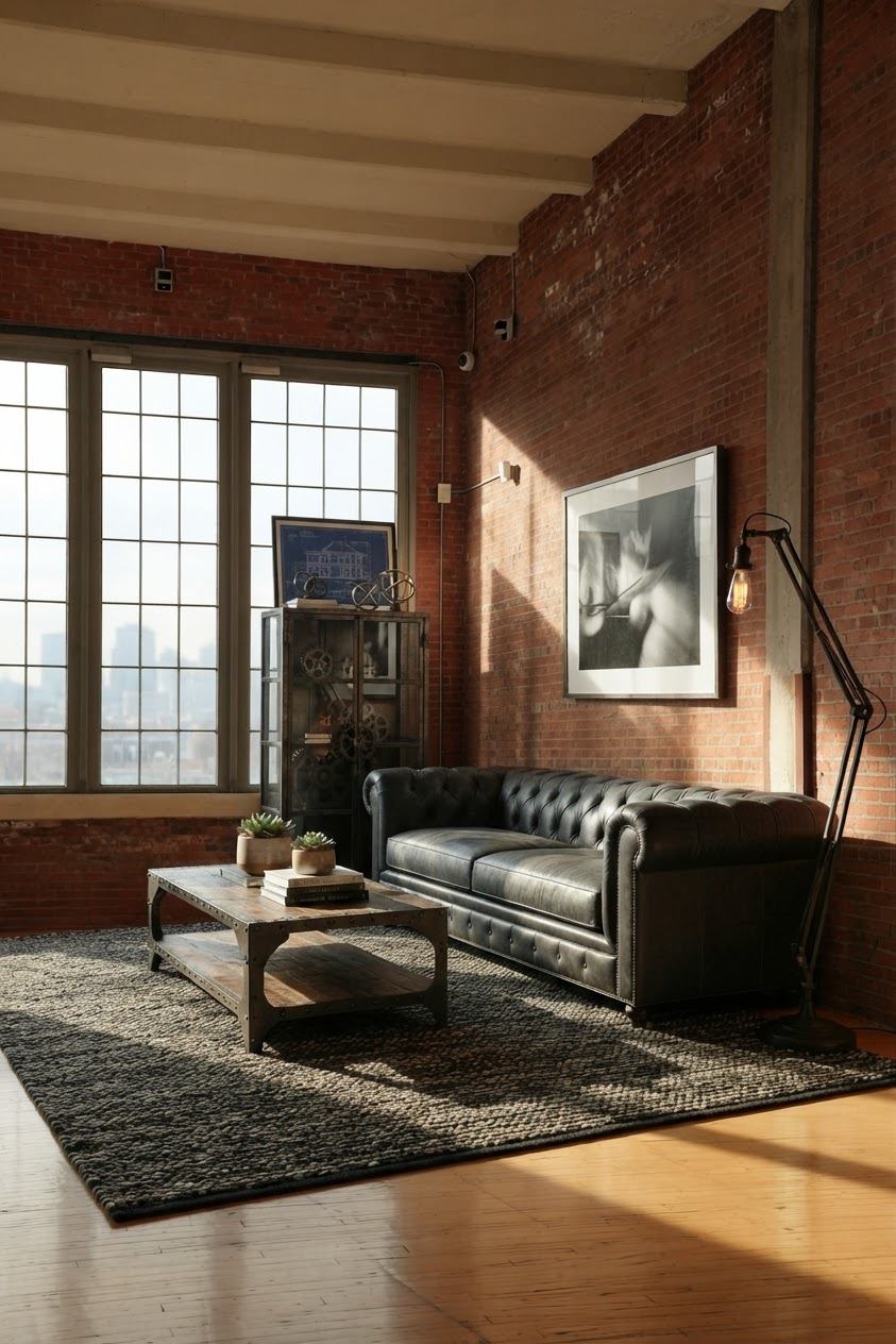 Industrial living room after AI virtual staging by StageOnce
